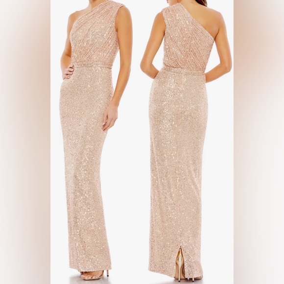 Mac Duggal Dresses & Skirts - NEW Mac Duggal Sequined Rose Gold Ruched One Shoulder Gown Sz 6